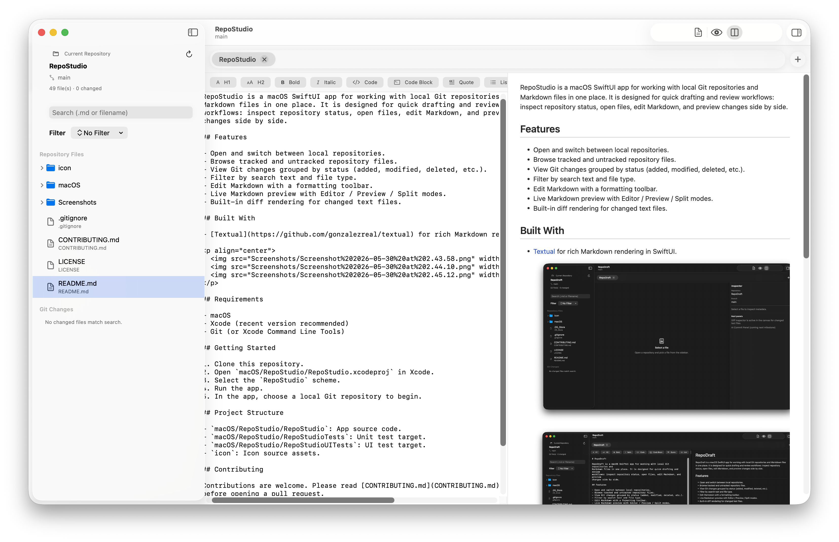 RepoStudio main workspace with markdown editor and preview