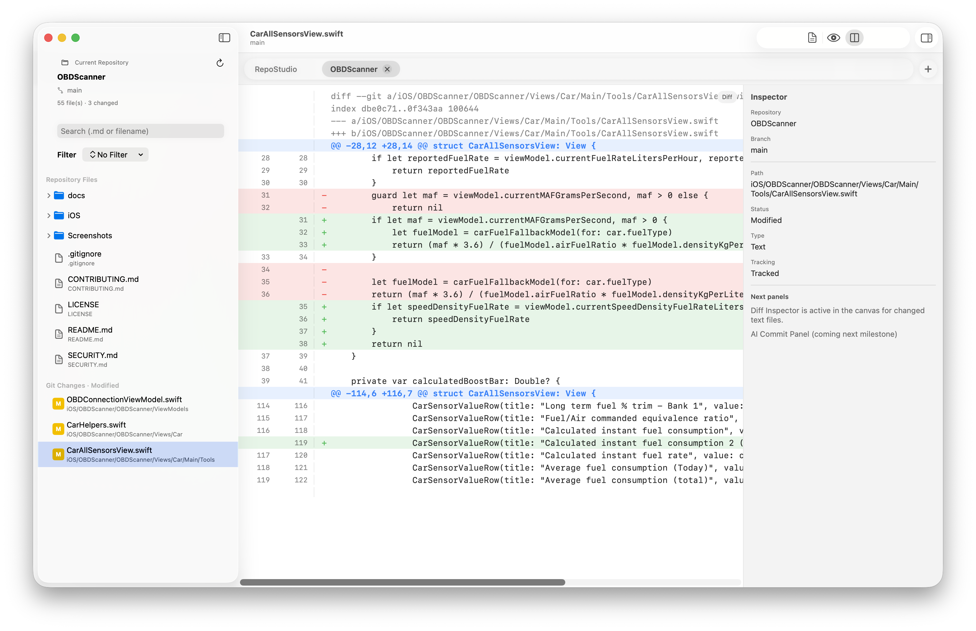 Inline diff review in RepoStudio