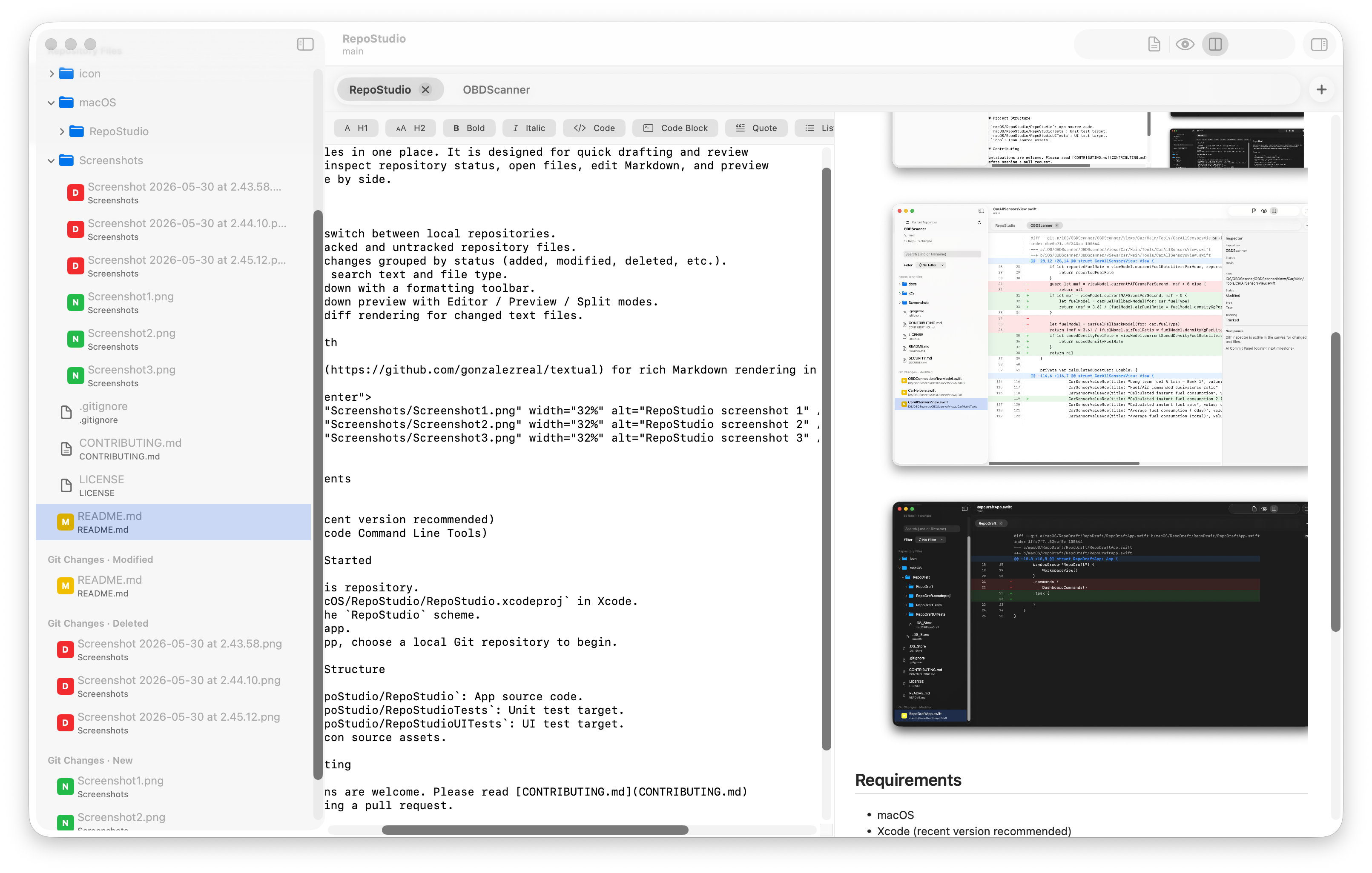 Repository browser with markdown preview in RepoStudio